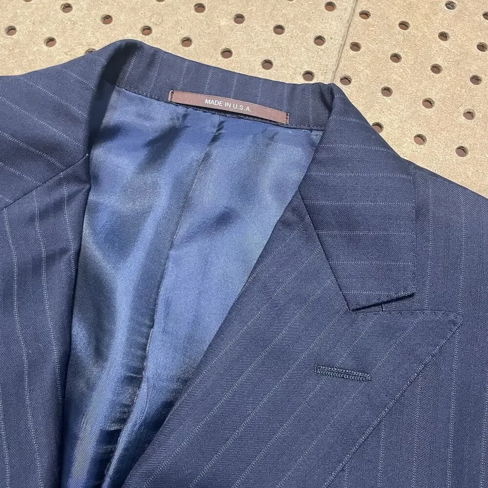 Hickey Freeman Suit Mens 44 R Navy 2pc Double Breasted Pinstripes Pants 36 USA